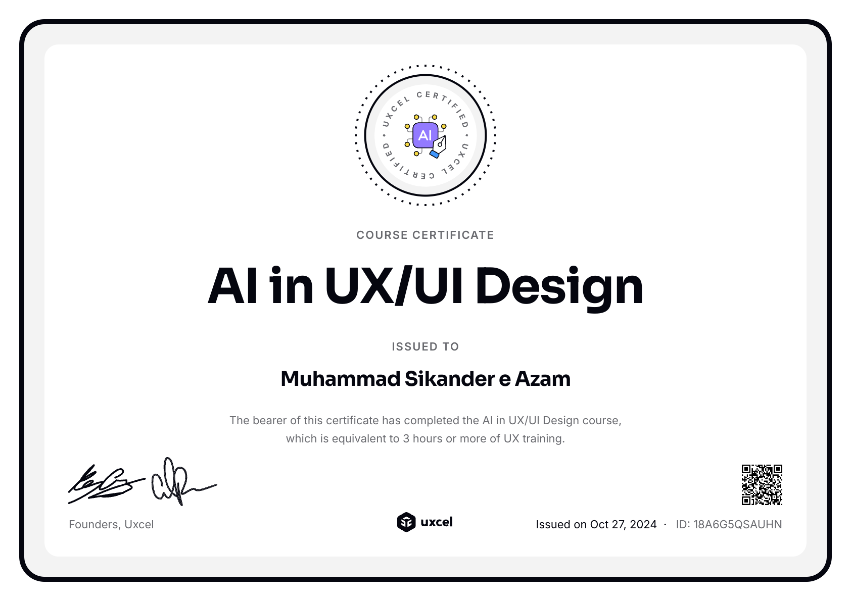 Muhammad Sikander e Azam's certificate